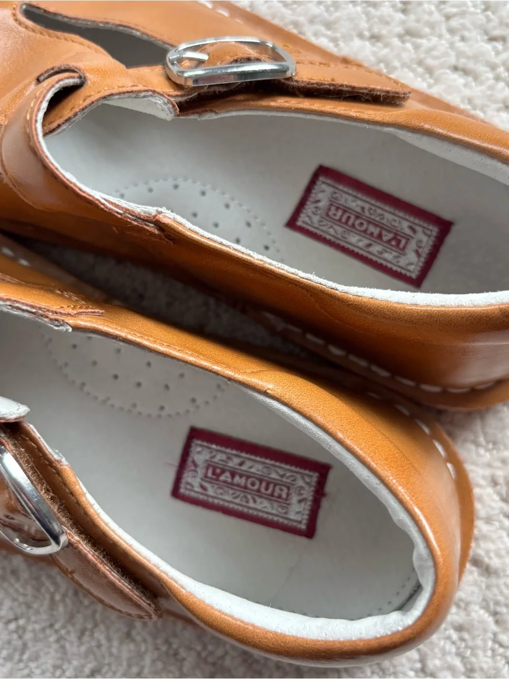 L'Amour Kids Tan Mary Jane Buckle Shoes